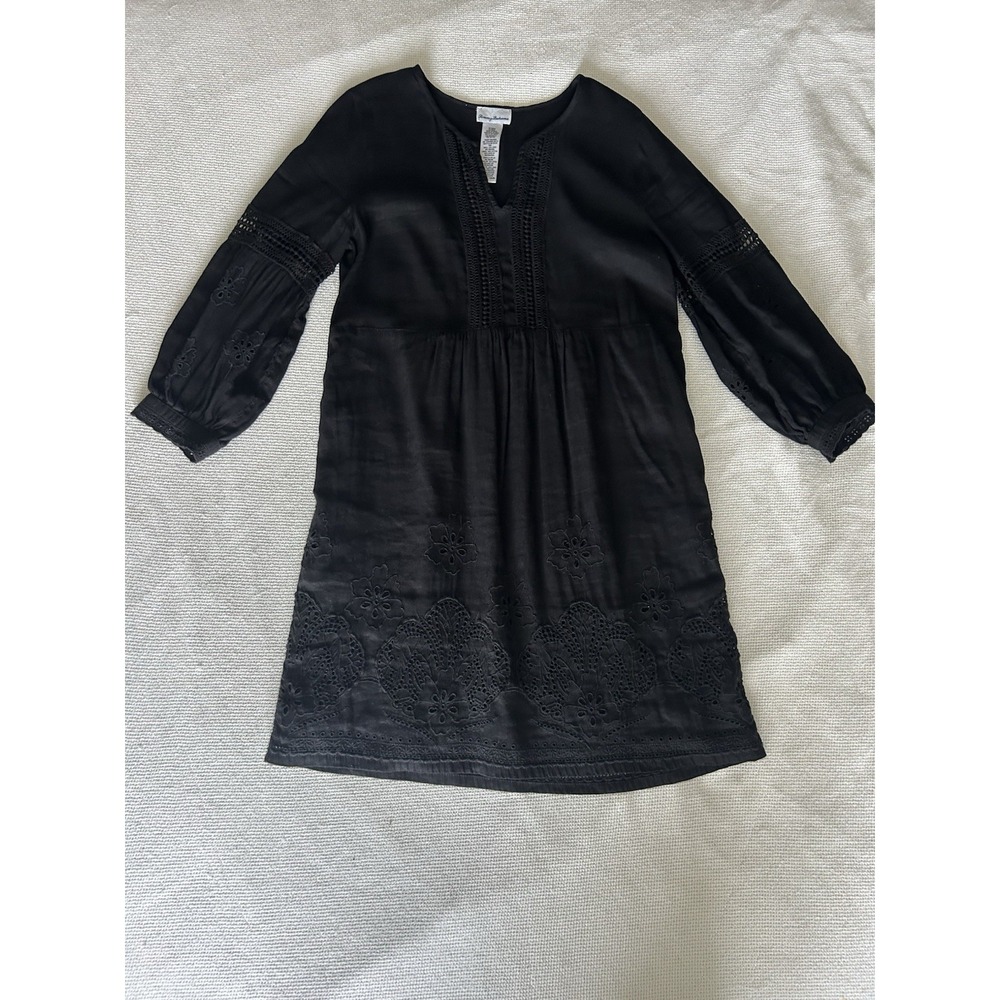 Tommy Bahama St Lucia Split V Neck Black Long Sleeve Eyelet Linen Dress Sz Small - Picture 3 of 7